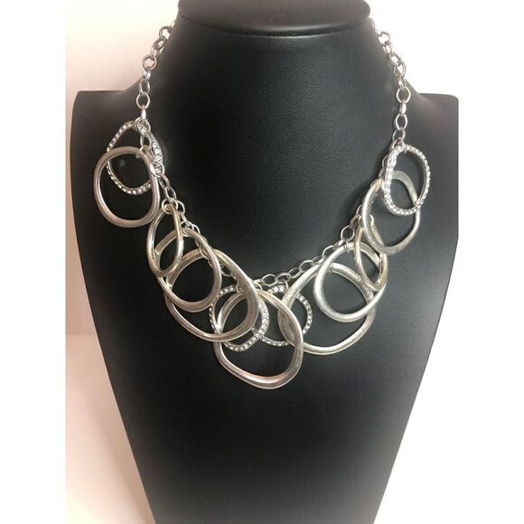 406 Premier Designs circle CZ silvertone drop dangle statement necklace 17"-20" - Picture 1 of 2